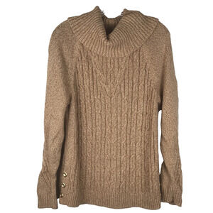 Talbots Cowl Neck Cable Knit Sweater Pullover Gold Buttons Cotton Tan Medium
